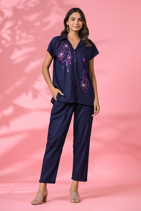 k-anshika Blue Cotton Embroidered Resham Thread Collar Work Top And Pant Set 