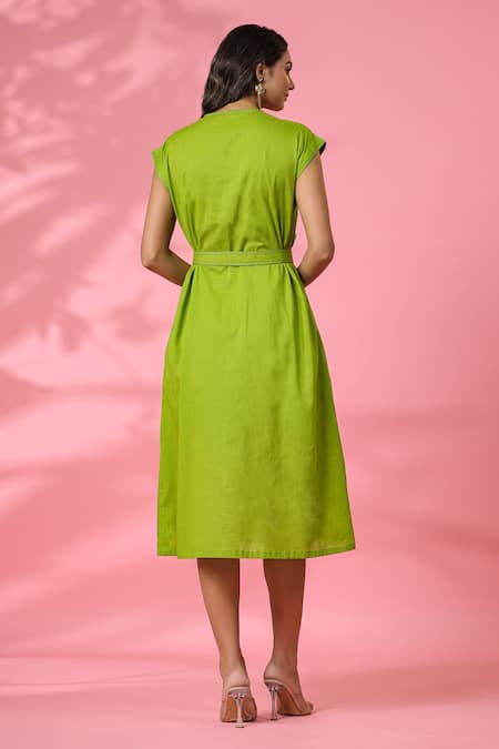 Shop_K-Anshika_Green Cotton Embroidery Round Neck Dress With Belt _at_Aza_Fashions