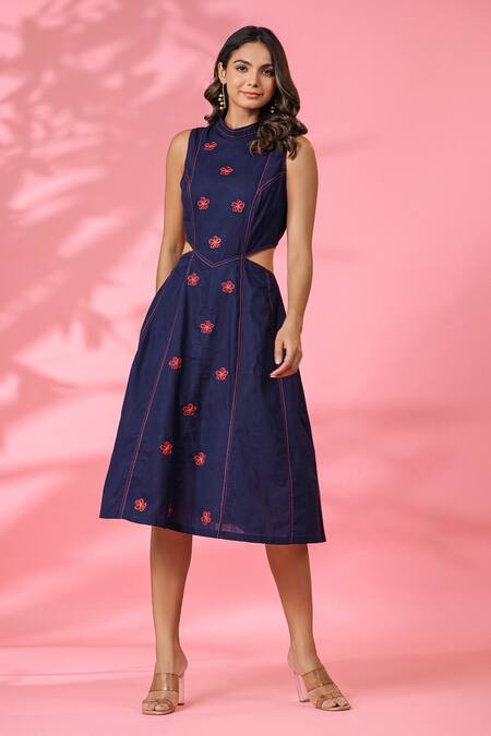 Buy K-Anshika Blue Cotton Embroidery High Neck Dress Online at Aza Fashions Buy_K-Anshika_Blue Cotton Embroidery High Neck Dress _Online_at_Aza_Fashions