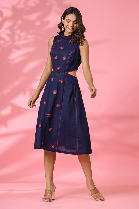 Shop_K-Anshika_Blue Cotton Embroidery High Neck Dress _Online_at_Aza_Fashions