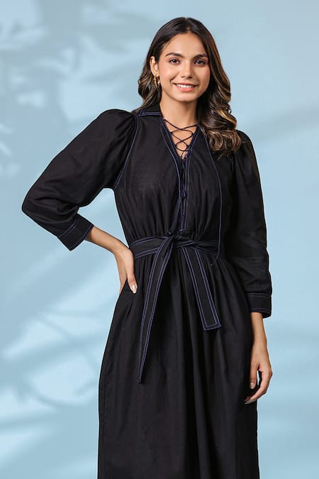 K-Anshika Black Cotton Embroidery Collared Resham Thread Work Dress With Belt Online at Aza Fashions K-Anshika_Black Cotton Embroidery Collared Resham Thread Work Dress With Belt _Online_at_Aza_Fashions