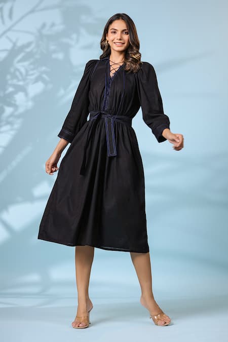 Shop_K-Anshika_Black Cotton Embroidery Collared Resham Thread Work Dress With Belt _Online_at_Aza_Fashions