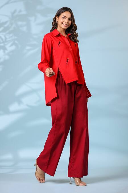 Buy_K-Anshika_Red Cotton Embroidered Resham Thread Collar Shirt And Pant Set _Online_at_Aza_Fashions