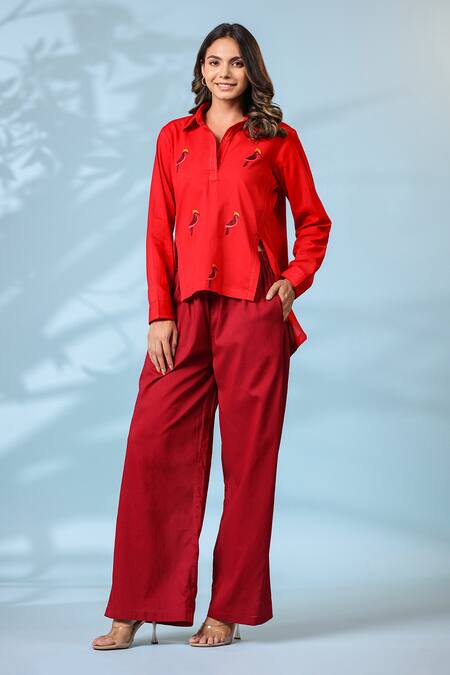 Shop_K-Anshika_Red Cotton Embroidered Resham Thread Collar Shirt And Pant Set _Online_at_Aza_Fashions