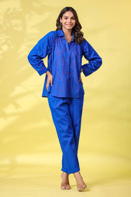 Buy_K-Anshika_Blue Cotton Embroidered Resham Thread Collar Shirt And Pant Set _Online_at_Aza_Fashions