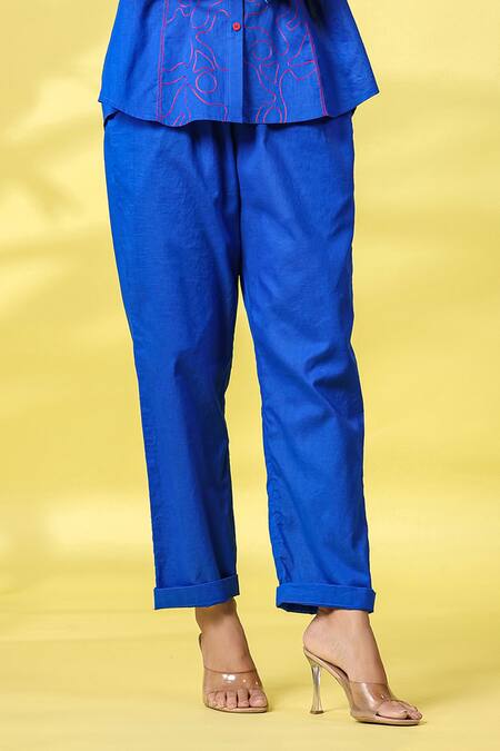 K-Anshika Blue Cotton Embroidered Resham Thread Collar Shirt And Pant Set at Aza Fashions K-Anshika_Blue Cotton Embroidered Resham Thread Collar Shirt And Pant Set _at_Aza_Fashions