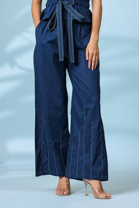 Buy K-Anshika Blue Cotton Embroidery Collared Top And Pant Set Online at Aza Fashions Buy_K-Anshika_Blue Cotton Embroidery Collared Top And Pant Set _Online_at_Aza_Fashions