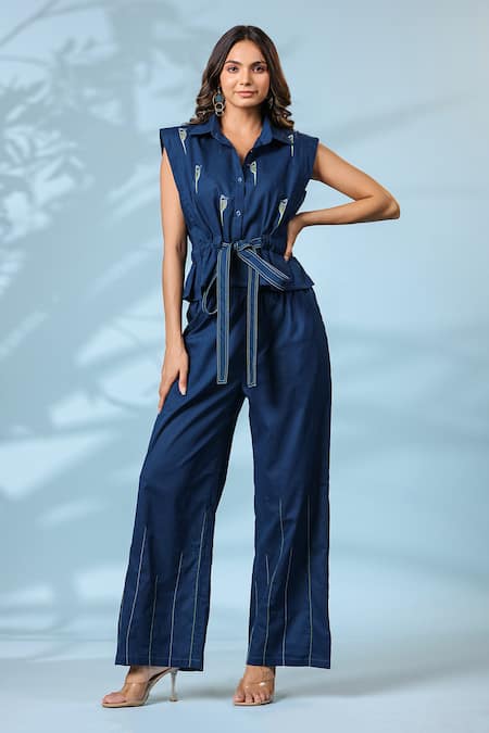 Shop_K-Anshika_Blue Cotton Embroidery Collared Top And Pant Set _Online_at_Aza_Fashions