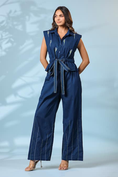 K-Anshika_Blue Cotton Embroidery Collared Top And Pant Set _at_Aza_Fashions