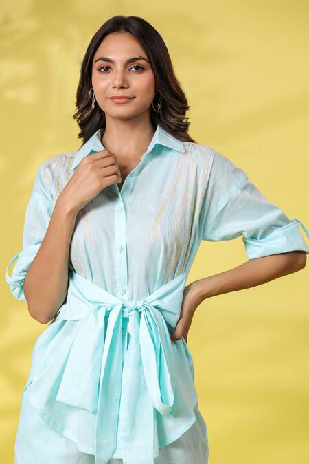 K-Anshika_Blue Cotton Embroidered Resham Thread Collar Top And Pant Set _Online_at_Aza_Fashions