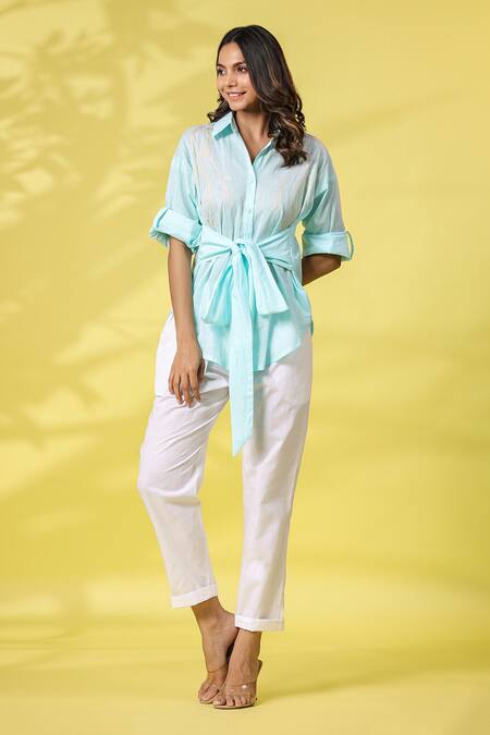 K-Anshika_Blue Cotton Embroidered Resham Thread Collar Top And Pant Set _at_Aza_Fashions