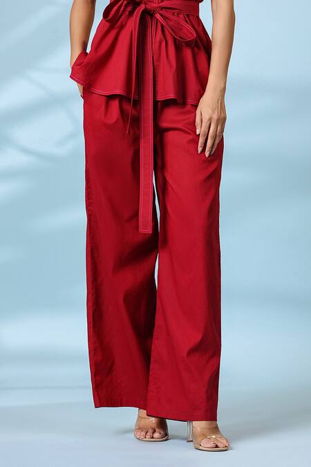K-Anshika_Maroon Cotton Embroidered Resham Thread Collar Top Pant Set _Online_at_Aza_Fashions