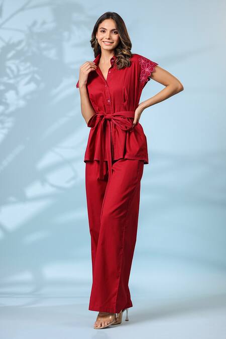 Buy_K-Anshika_Maroon Cotton Embroidered Resham Thread Collar Top Pant Set _Online_at_Aza_Fashions