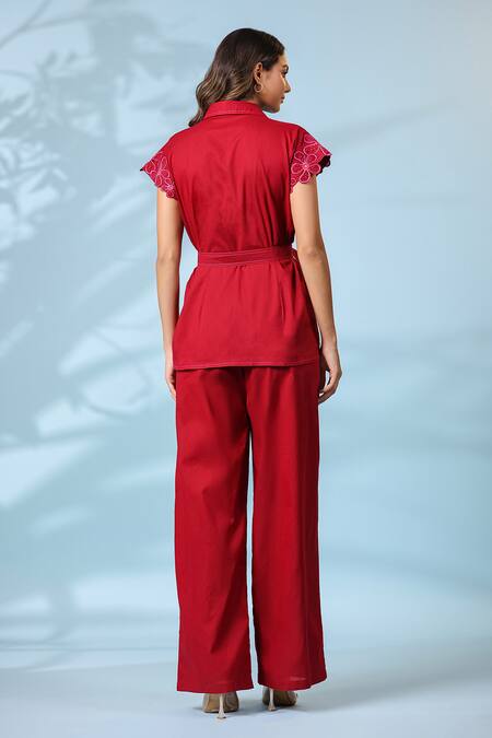 Shop_K-Anshika_Maroon Cotton Embroidered Resham Thread Collar Top Pant Set _at_Aza_Fashions