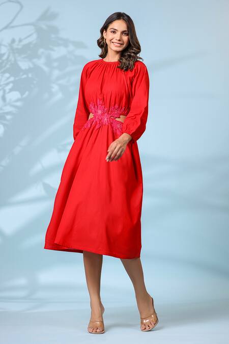 K-Anshika_Red Cotton Embroidery Round Neck Midi Dress _Online_at_Aza_Fashions