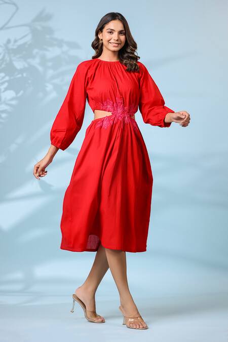 Buy_K-Anshika_Red Cotton Embroidery Round Neck Midi Dress _Online_at_Aza_Fashions