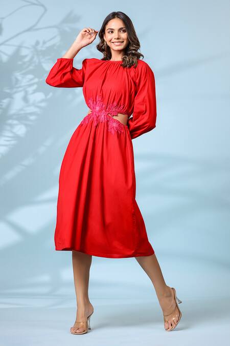 Shop_K-Anshika_Red Cotton Embroidery Round Neck Midi Dress _Online_at_Aza_Fashions