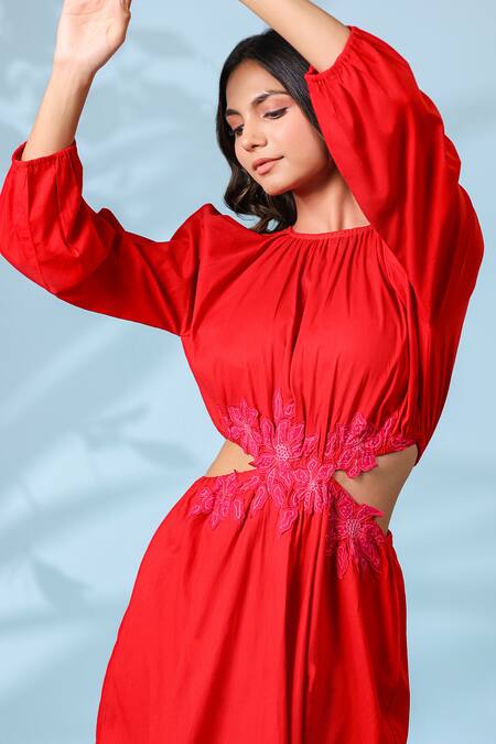 K-Anshika_Red Cotton Embroidery Round Neck Midi Dress _at_Aza_Fashions