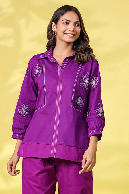 K-Anshika Purple Cotton Embroidered Resham Thread Collar Work Top And Pant Set Online at Aza Fashions K-Anshika_Purple Cotton Embroidered Resham Thread Collar Work Top And Pant Set _Online_at_Aza_Fashions