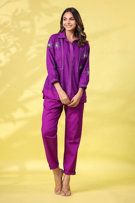 Buy_K-Anshika_Purple Cotton Embroidered Resham Thread Collar Work Top And Pant Set _Online_at_Aza_Fashions
