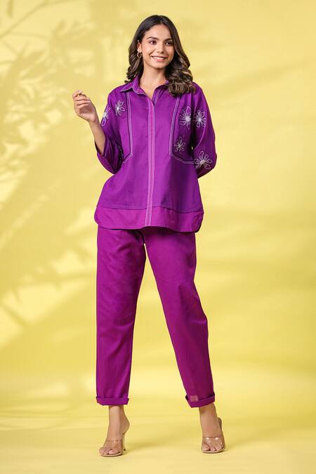 Shop_K-Anshika_Purple Cotton Embroidered Resham Thread Collar Work Top And Pant Set _Online_at_Aza_Fashions