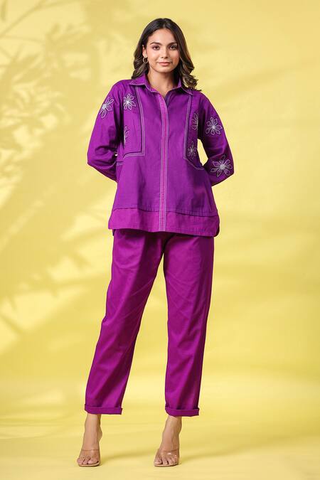 K-Anshika_Purple Cotton Embroidered Resham Thread Collar Work Top And Pant Set _at_Aza_Fashions