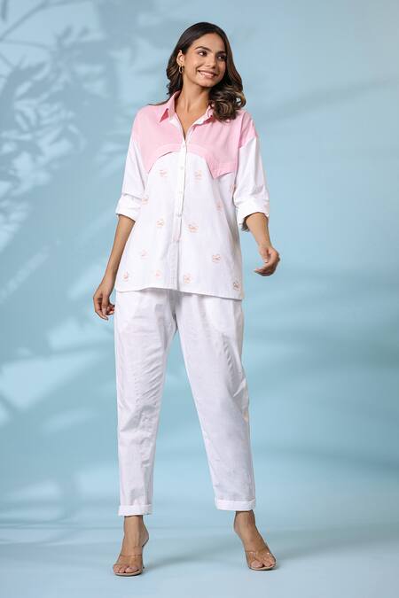 K-Anshika_Pink Cotton Embroidered Resham Thread Collar Shirt And Pant Set _Online_at_Aza_Fashions