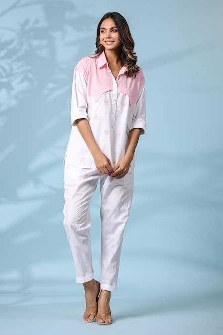 Shop_K-Anshika_Pink Cotton Embroidered Resham Thread Collar Shirt And Pant Set _Online_at_Aza_Fashions