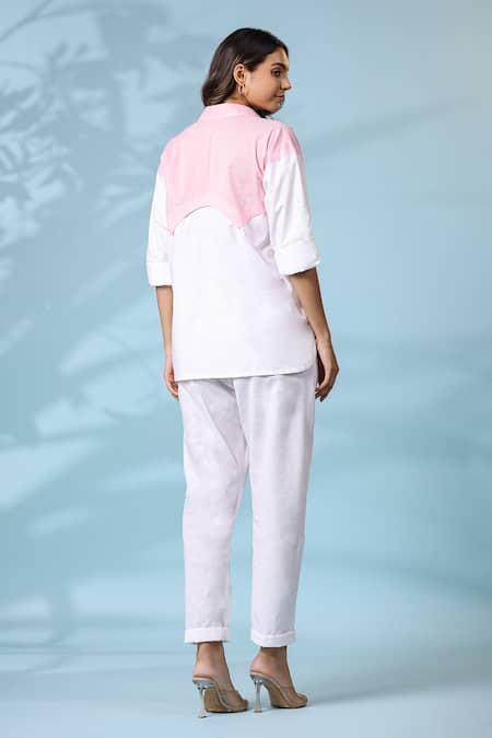 Shop_K-Anshika_Pink Cotton Embroidered Resham Thread Collar Shirt And Pant Set _at_Aza_Fashions