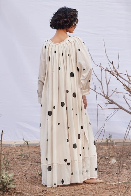 Shop_Kharakapas_Off White Cotton Round Neck Luna Lilly Polka Dot Print Dress _at_Aza_Fashions