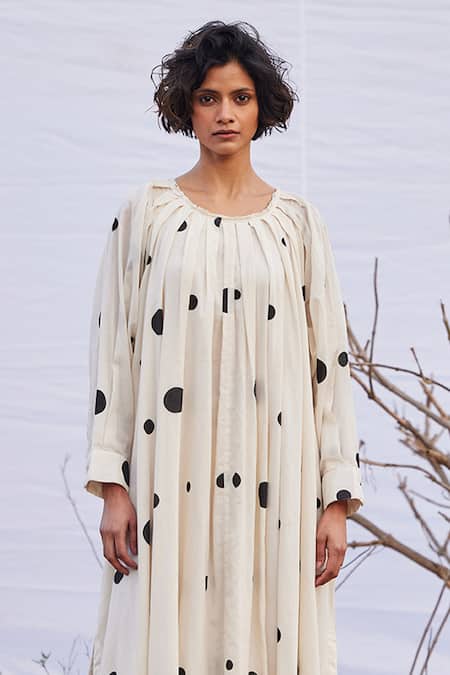 Kharakapas Off White Cotton Round Neck Luna Lilly Polka Dot Print Dress Online at Aza Fashions Kharakapas_Off White Cotton Round Neck Luna Lilly Polka Dot Print Dress _Online_at_Aza_Fashions