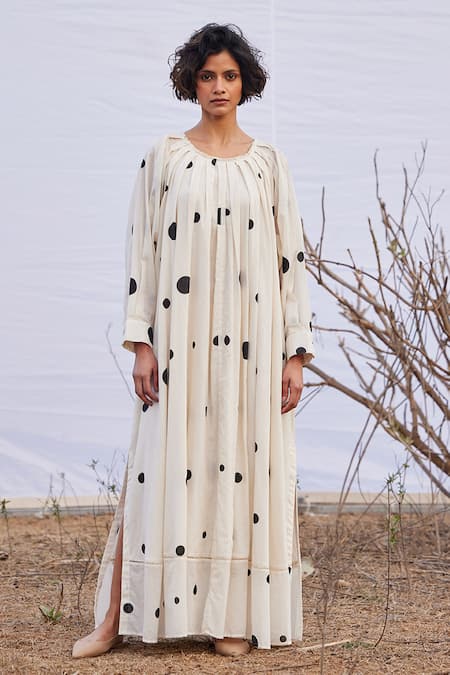 Buy_Kharakapas_Off White Cotton Round Neck Luna Lilly Polka Dot Print Dress _Online_at_Aza_Fashions