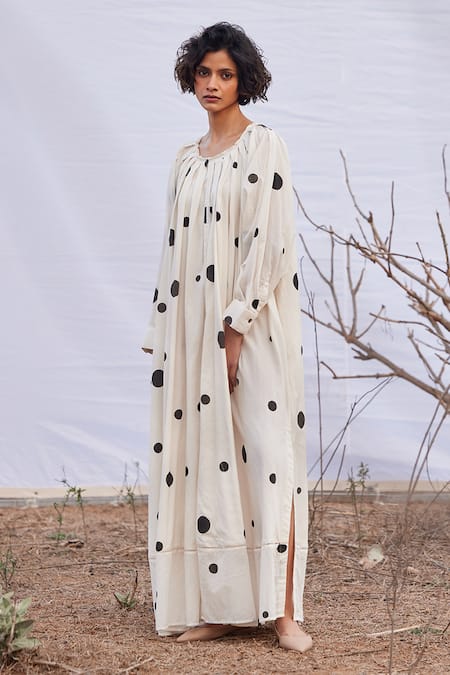 Shop_Kharakapas_Off White Cotton Round Neck Luna Lilly Polka Dot Print Dress _Online_at_Aza_Fashions