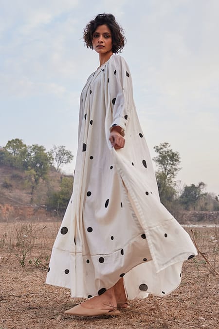Kharakapas_Off White Cotton Round Neck Luna Lilly Polka Dot Print Dress _at_Aza_Fashions
