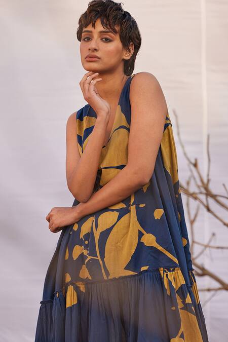 Kharakapas_Blue Cotton V-neck Abstract Floral Tiered Midi Dress _at_Aza_Fashions