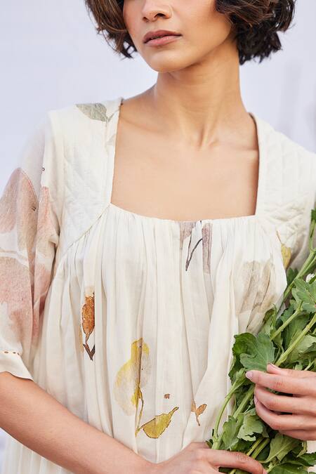 Buy_Kharakapas_Off White Cotton Square Neck Alabaster Asymmetric Printed Dress _Online_at_Aza_Fashions
