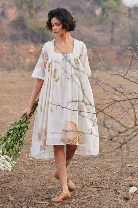 Shop_Kharakapas_Off White Cotton Square Neck Alabaster Asymmetric Printed Dress _Online_at_Aza_Fashions