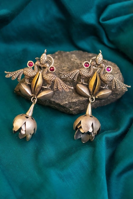 Shop Mero Jewellery Silver Plated Peacock Carved Earrings at Aza Fashions Shop_Mero Jewellery_Silver Plated Peacock Carved Earrings _at_Aza_Fashions