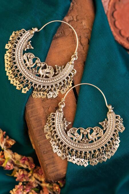 Shop Mero Jewellery Silver Plated Cut Work Carved Peacock Tasselled Chandbali Hoops at Aza Fashions Shop_Mero Jewellery_Silver Plated Cut Work Carved Peacock Tasselled Chandbali Hoops_at_Aza_Fashions
