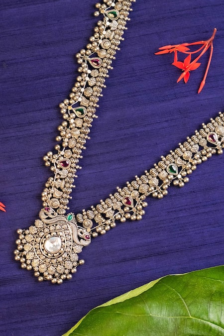 Shop_Mero Jewellery_White Carved Stone Embellished Kolhapuri Saaj Necklace _at_Aza_Fashions