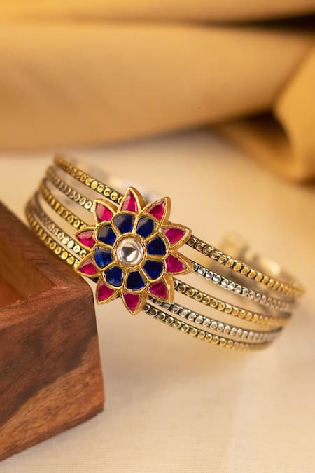 Shop Mero Jewellery Blue Kundan Embellished Floral Cuff at Aza Fashions Shop_Mero Jewellery_Blue Kundan Embellished Floral Cuff _at_Aza_Fashions