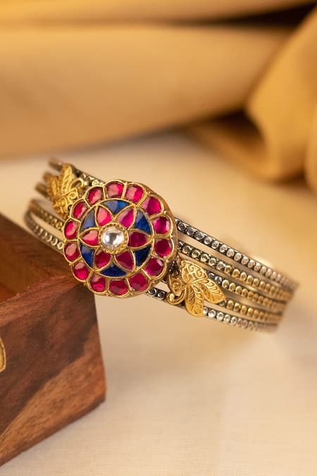 Shop Mero Jewellery Pink Embellished Floral Cuff at Aza Fashions Shop_Mero Jewellery_Pink Embellished Floral Cuff _at_Aza_Fashions