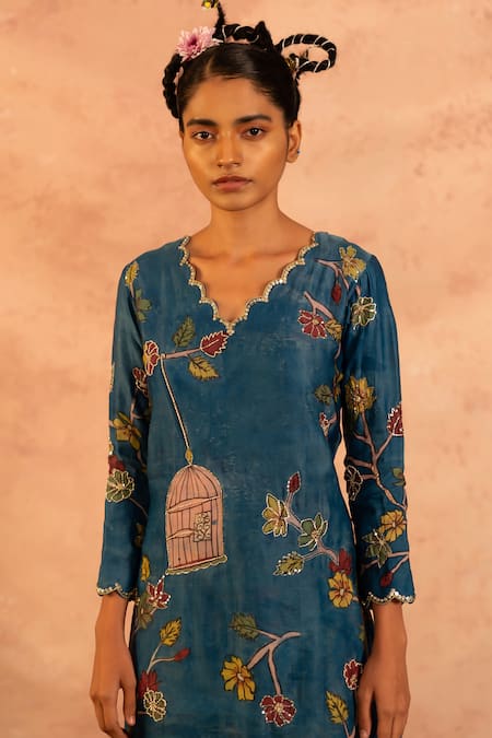 Aamra By Lavanya Blue Linen, Satin Sequins, Pearls, Hand Painted Straight Kurta With Dhoti Pant Online at Aza Fashions Aamra By Lavanya_Blue Linen, Satin Sequins, Pearls, Hand Painted Straight Kurta With Dhoti Pant _Online_at_Aza_Fashions
