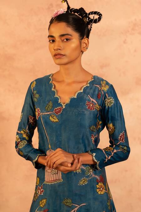 Shop Aamra By Lavanya Blue Linen, Satin Sequins, Pearls, Hand Painted Straight Kurta With Dhoti Pant Online at Aza Fashions Shop_Aamra By Lavanya_Blue Linen, Satin Sequins, Pearls, Hand Painted Straight Kurta With Dhoti Pant _Online_at_Aza_Fashions