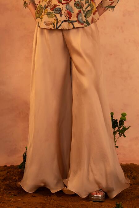 Aamra By Lavanya_Ivory Silk Hand Embroidery Kalamkari Floral Painted Jacket With Pant  _Online_at_Aza_Fashions