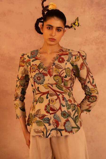 Buy_Aamra By Lavanya_Ivory Silk Hand Embroidery Kalamkari Floral Painted Jacket With Pant  _Online_at_Aza_Fashions