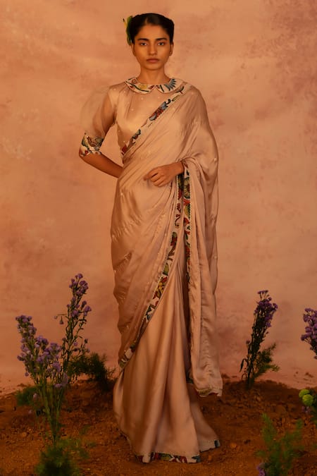 AAMRA BY LAVANYA Beige Satin Hand Embroidery Pearl Petter Stripe Saree With Blouse  