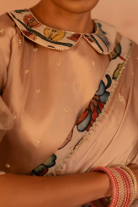 Buy_Aamra By Lavanya_Beige Organza, Satin Pearls, Embroidery Collared Stripe Hand Saree With Blouse _Online_at_Aza_Fashions