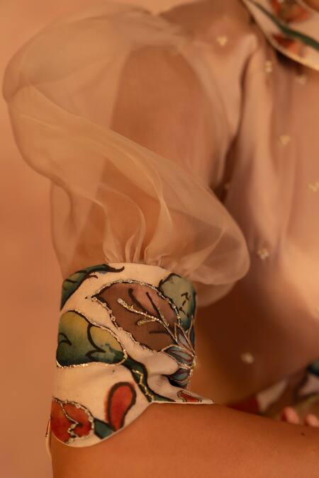 Shop_Aamra By Lavanya_Beige Organza, Satin Pearls, Embroidery Collared Stripe Hand Saree With Blouse _Online_at_Aza_Fashions