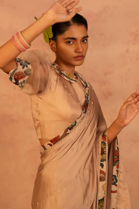 Aamra By Lavanya_Beige Organza, Satin Pearls, Embroidery Collared Stripe Hand Saree With Blouse _at_Aza_Fashions
